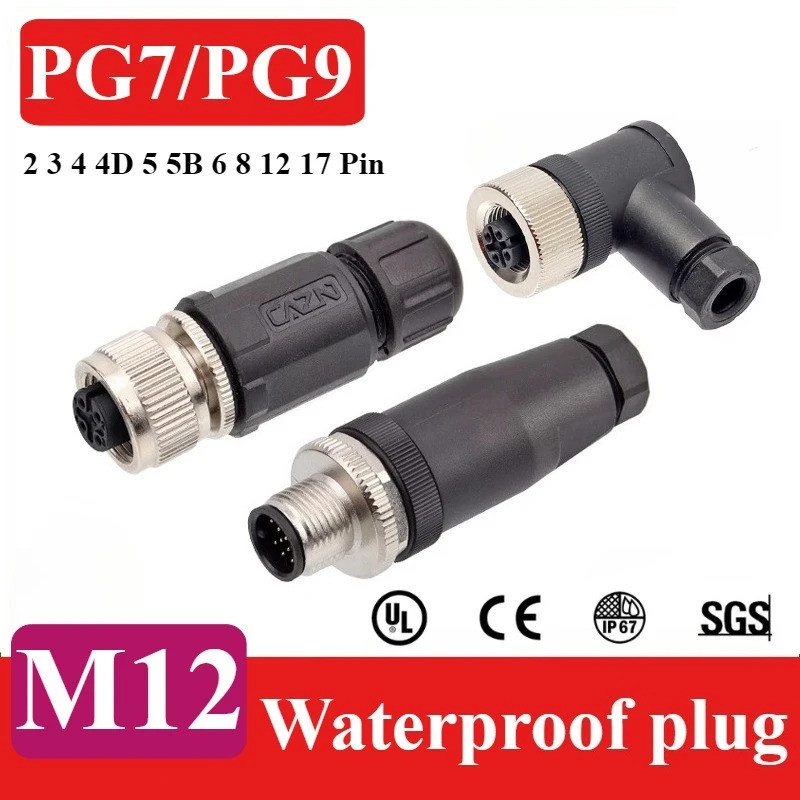 กันน้ํา A/D-type M12 2 3 4 5 6 8 12 17 Pin Connector PG7/PG9 Shielded การบินปลั๊กข้อศอก IP67 M12 ชาย