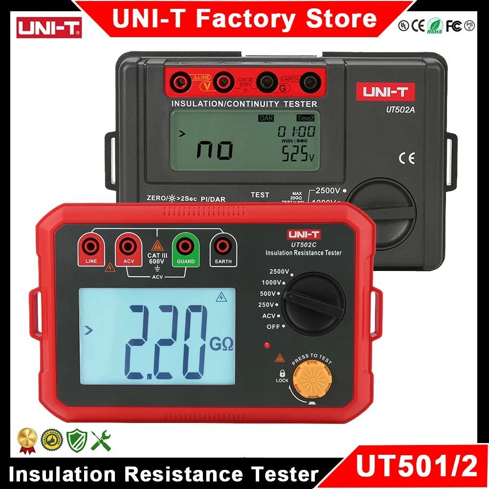 UNI-T UT502A UT501A UT502C UT501C เครื่องทดสอบความต้านทานฉนวน 1000V 2500V ดิจิตอล Megohm เมตรฉนวนกัน