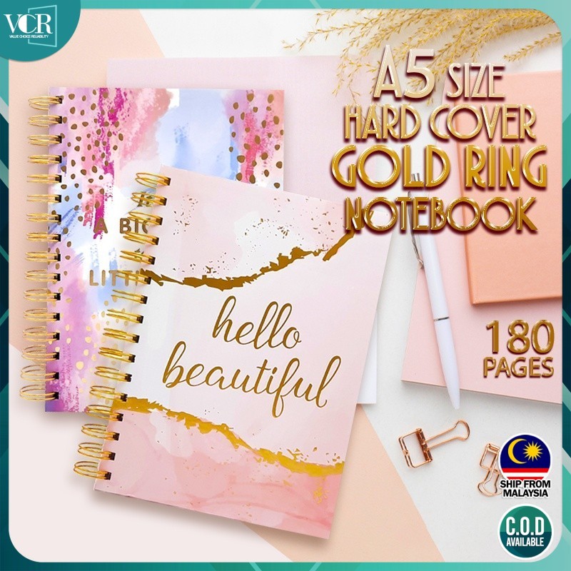 VC Art A5 ขนาดปกแข็ง Big Gold Ring Binding Notebook 180 หน้า Buku Nota