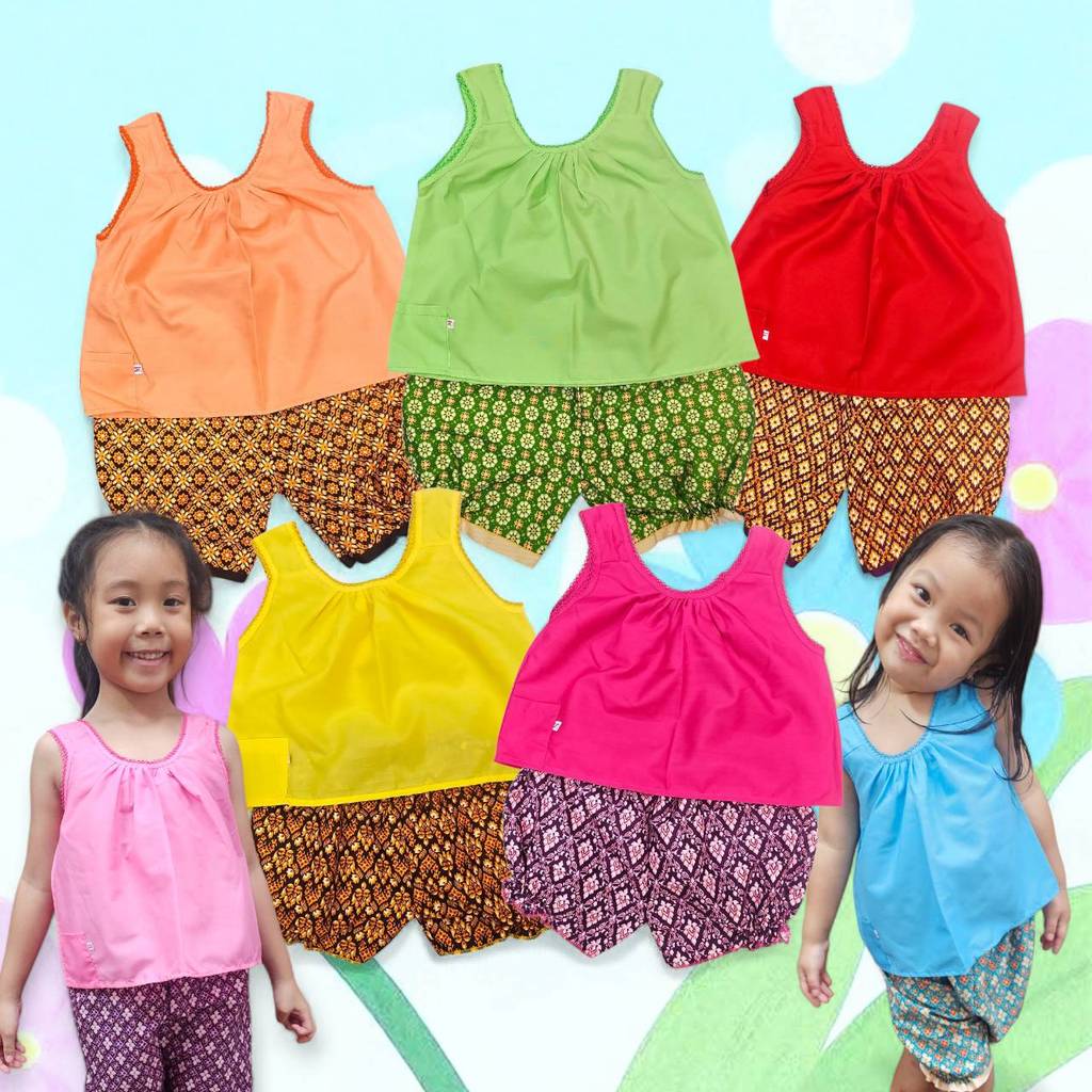 ชุดไทยเด็ก 6เดือน - 5ปี ชุดเสื้อคอกระเช้า กางเกงลายไทย ชุดเด็กผู้หญิง ชุดเด็กน่ารัก FES0036