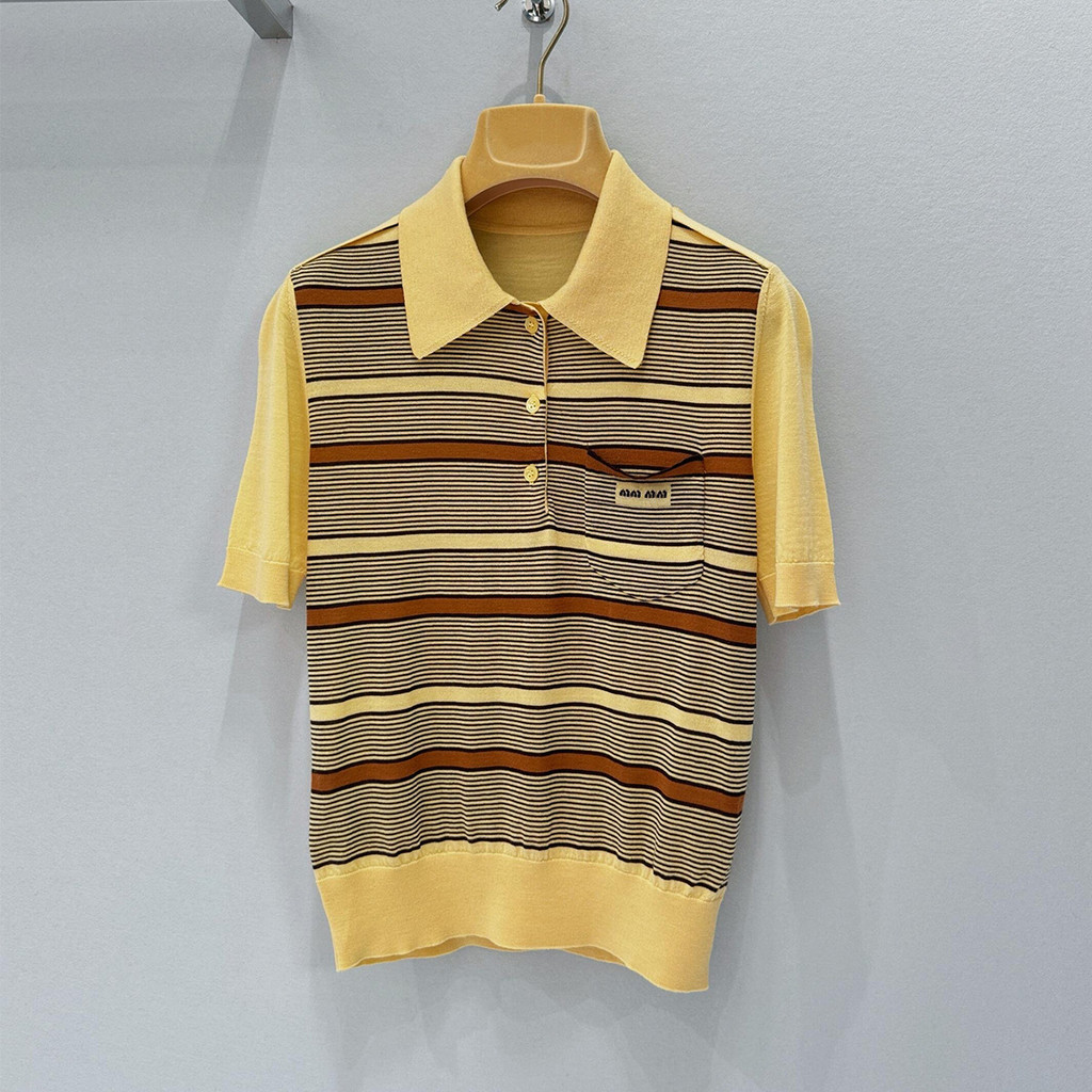L4SW M1u*mm Pullover Contrast Color Striped Yellow POLO Short-sleeved Slim Wool Knit Top for Women A