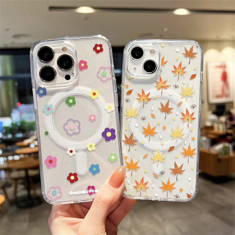 Magnetic Case For iPhone 17 11 13 16 12 14 15 Pro Max 16 13 15 Pro สำหรับ11 17Air เคสแม่เหล็ก Colorful Flowerใสกันกระแทก