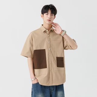 M-3XL เสื้อเชิ้ตแขนสั้นทรงเรียบง่าย คอเสื้อสีบล็อกทันสมัย ​​ทรงหลวม เสื้อคาร์ดิแกนอเนกประสงค์สำหรับผู้ชาย