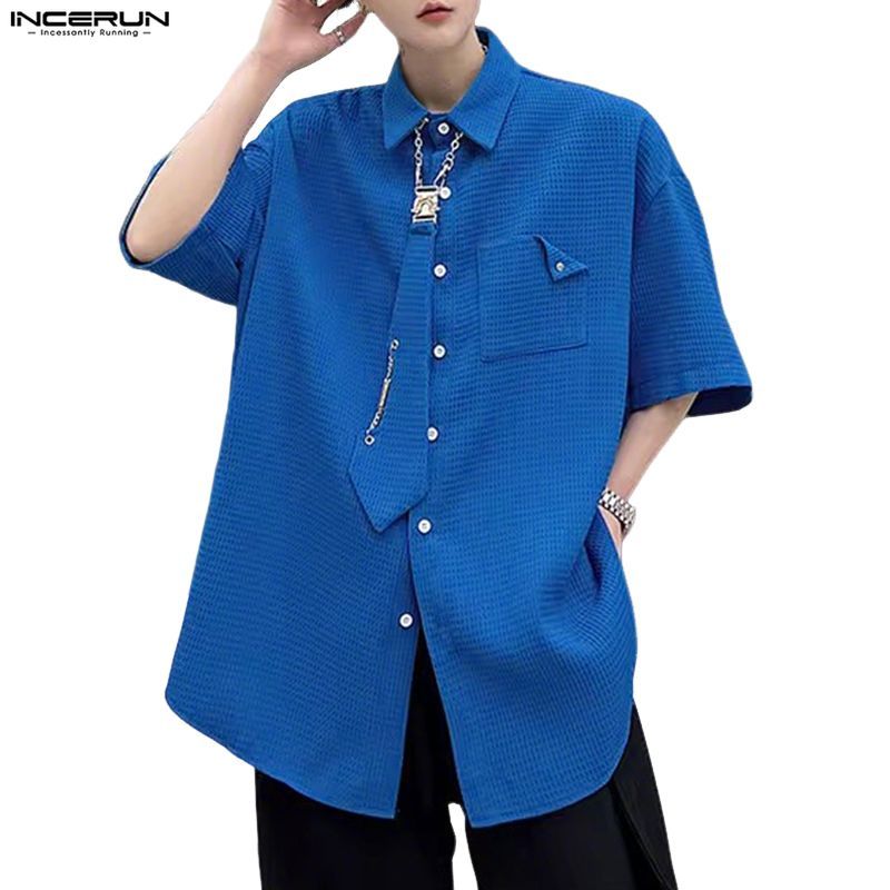 INCERUN ชุดเชิ๊ตผู้ชาย สไตล์เกาหลีอินเทรนด์ ออกแบบลายกราเวลและกระดุมแขน