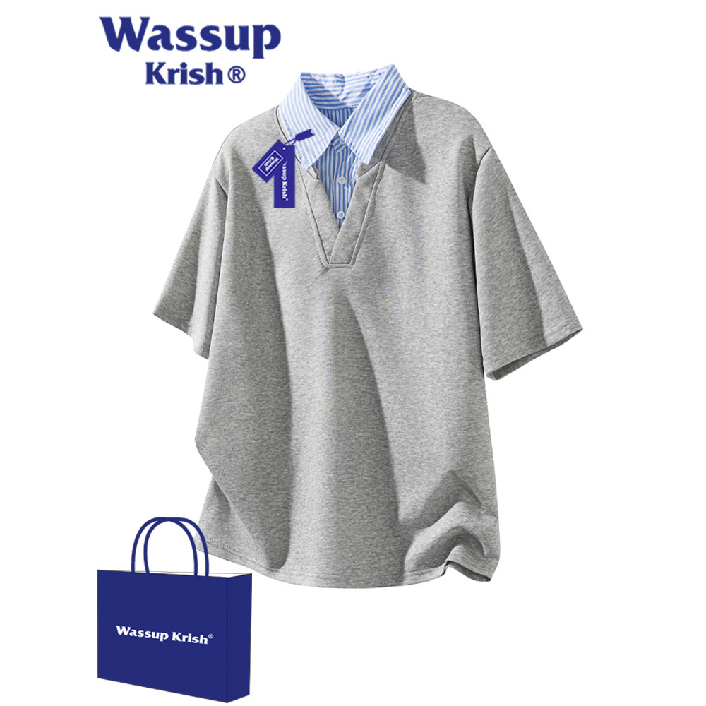เสื้อยืดแขนสั้นลายสก๊อต WASSUP KRISH สไตล์ใหม่สำหรับหนุ่มในฤดูร้อน