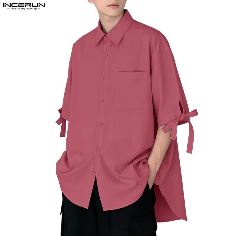 เสื้อเชิ้ตแขนห้าส่วนสีทึบสำหรับผู้ชาย ออกแบบมาให้สามารถผูกเน็คไทด์ได้