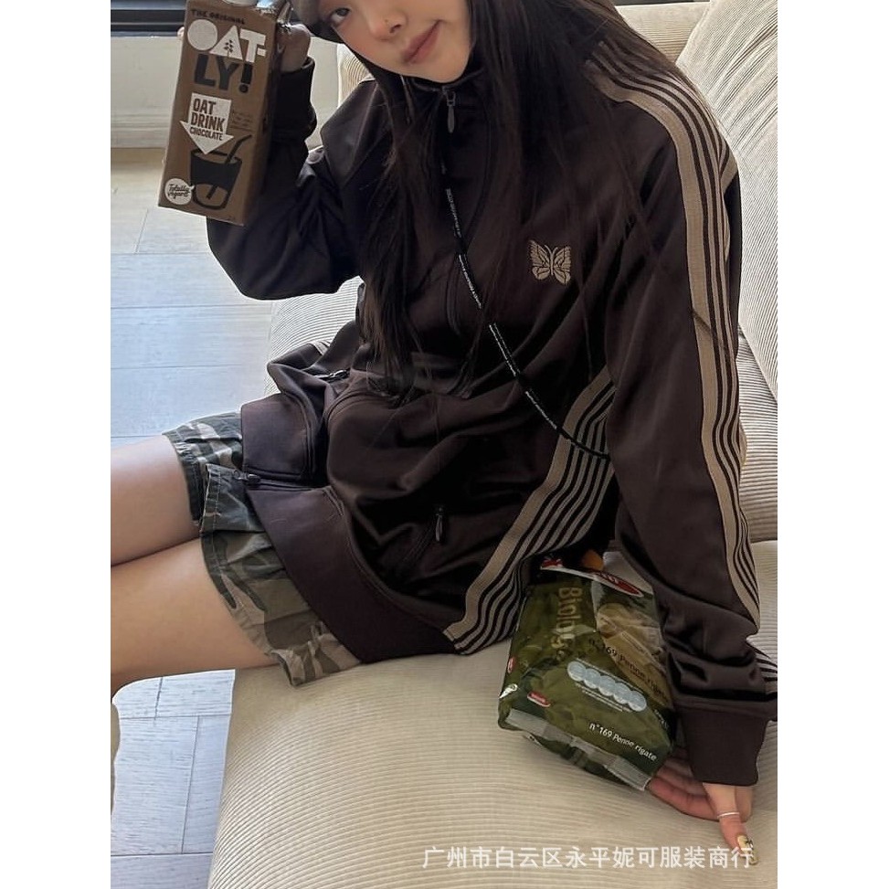 Needles track Embroidered Zipper Sports Jacket Retro Casual FOG Stand Collar Jacket for Men and Wome