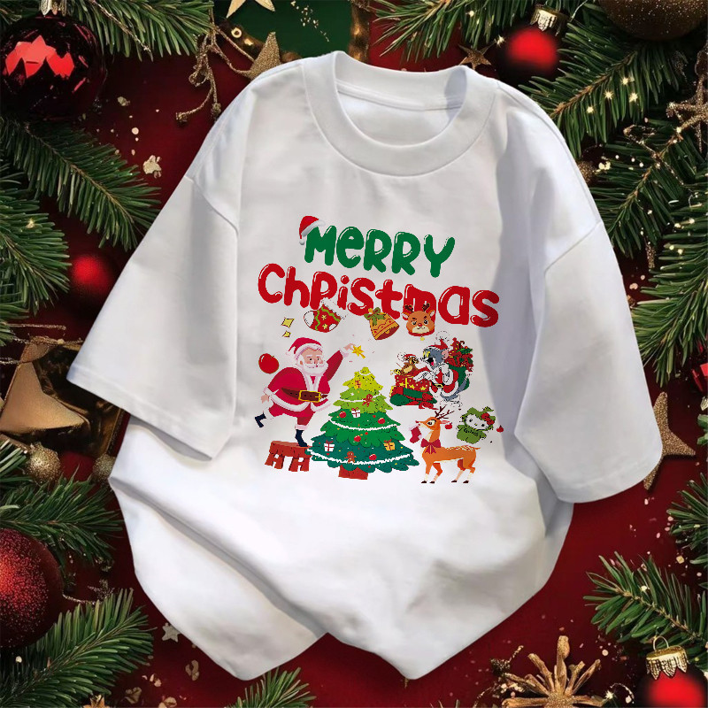 (จัดส่งภายใน 24 ชั่วโมง) 🎁🎄เสื้อยืด oversize Merry Christmas t shirt ผ้าCotton แขนสั้น 'cat' สบายและ