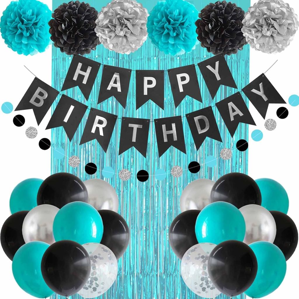 ANSOMO สีดํา Teal สีฟ้าและเงิน Happy Birthday Party ตกแต่ง Turquoise Aqua บอลลูน Décor อุปกรณ์ผู้ชาย