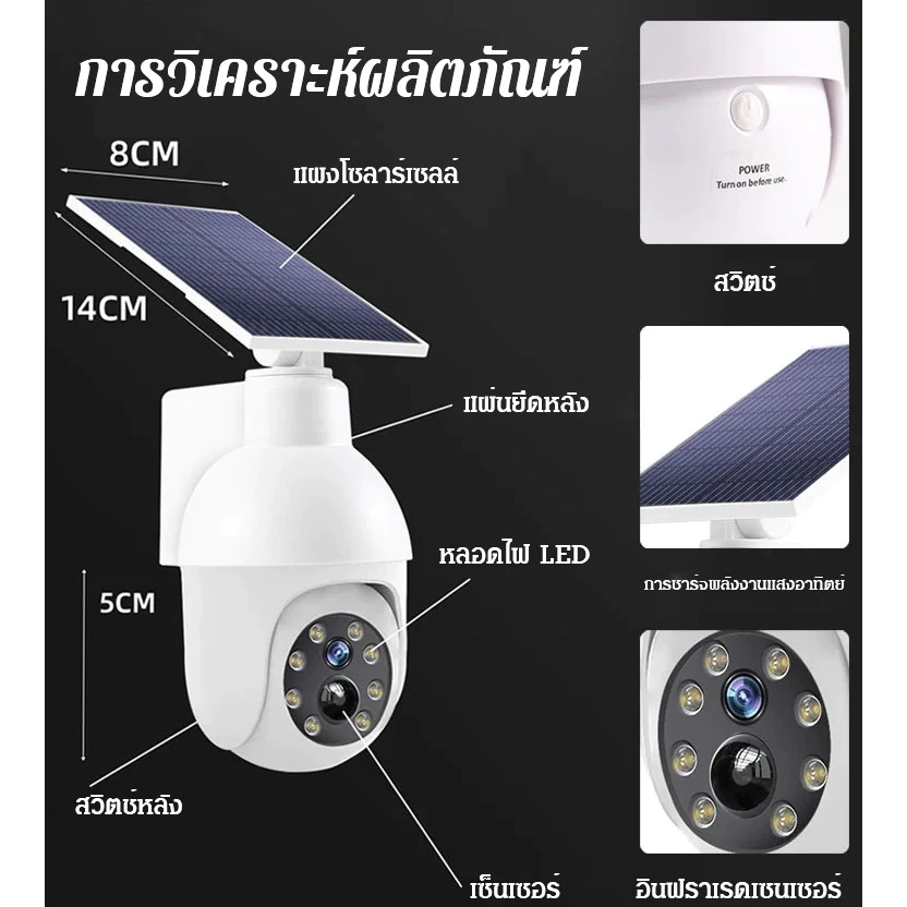 ไฟโซล่าเซลล์กล้องวงจรปิด เลนส์คู่ หมุน 360° 1080P HD thumbnail 7