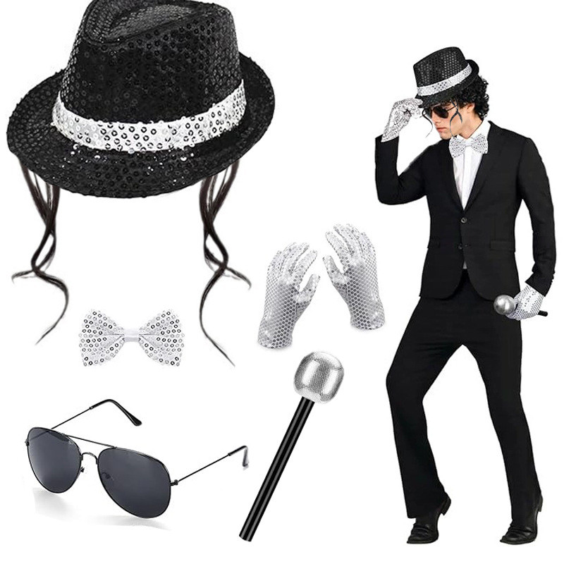 DISCO Stage Performance Sequins หมวก Tie ถุงมือชุดขายส่ง Michael Jackson เครื่องแต่งกายอุปกรณ์เสริม, 70 S Retro Glitter เสื้อกั๊กขอบรายละเอียด, Dance Party Flashy Prop Collection