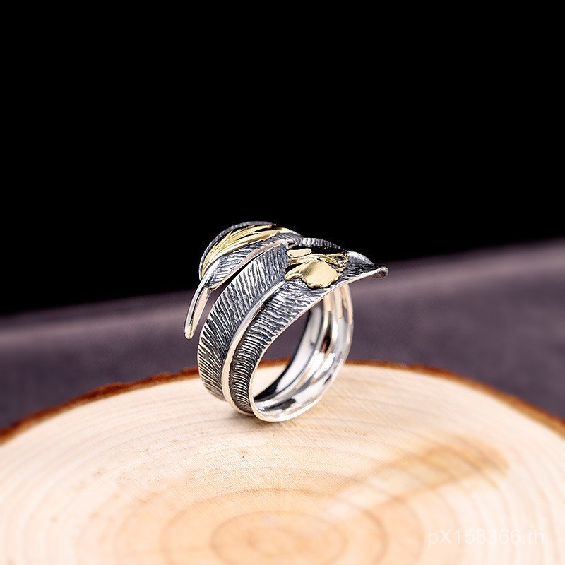 แหวนเงินดิสทรесс s925 สไตล์โบราณสำหรับทุกคน ออกแบบเป็นลายขนนก B0KZ