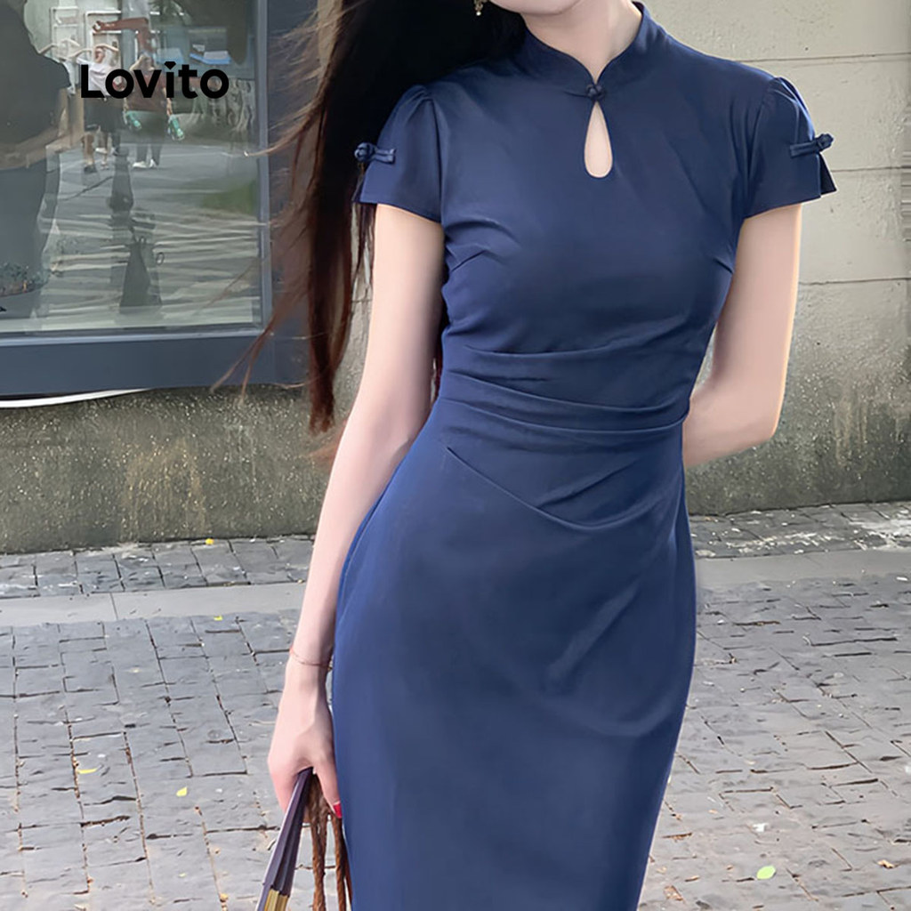 Lovito ชุดเดรสผู้หญิง สีฟ้า สไตล์จีน ทรงเข้ารูป จีบข้าง ฤดูใบไม้ผลิ ฤดูร้อน L159AD140 - รูปที่ 3