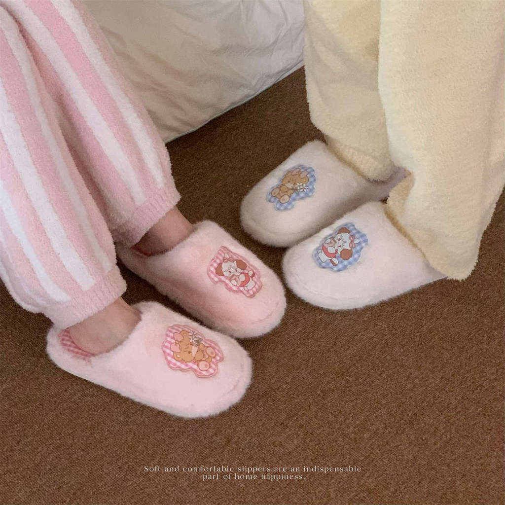 XIXITIAO รองเท้าแตะผ้าฝ้ายผู้หญิง แฟชั่นฤดูหนาว อบอุ่นและสบาย ร่วมกับ mikko ลายน่ารักลูกแมวลูกหมา