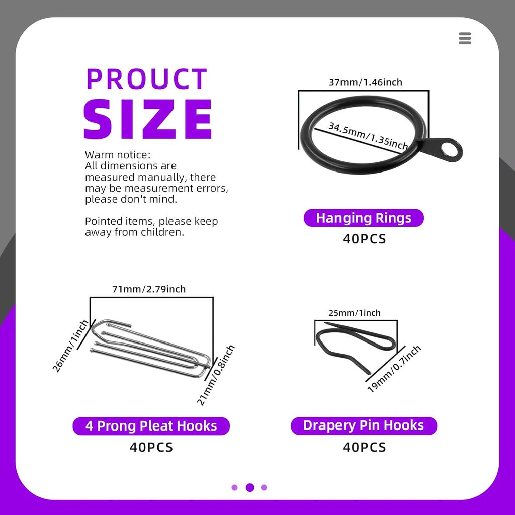 Swpeet 120Pcs Black 1.35 Inch - 30mm Metal Drapery Curtain Rings Curtain Hanging Rings and Stainless