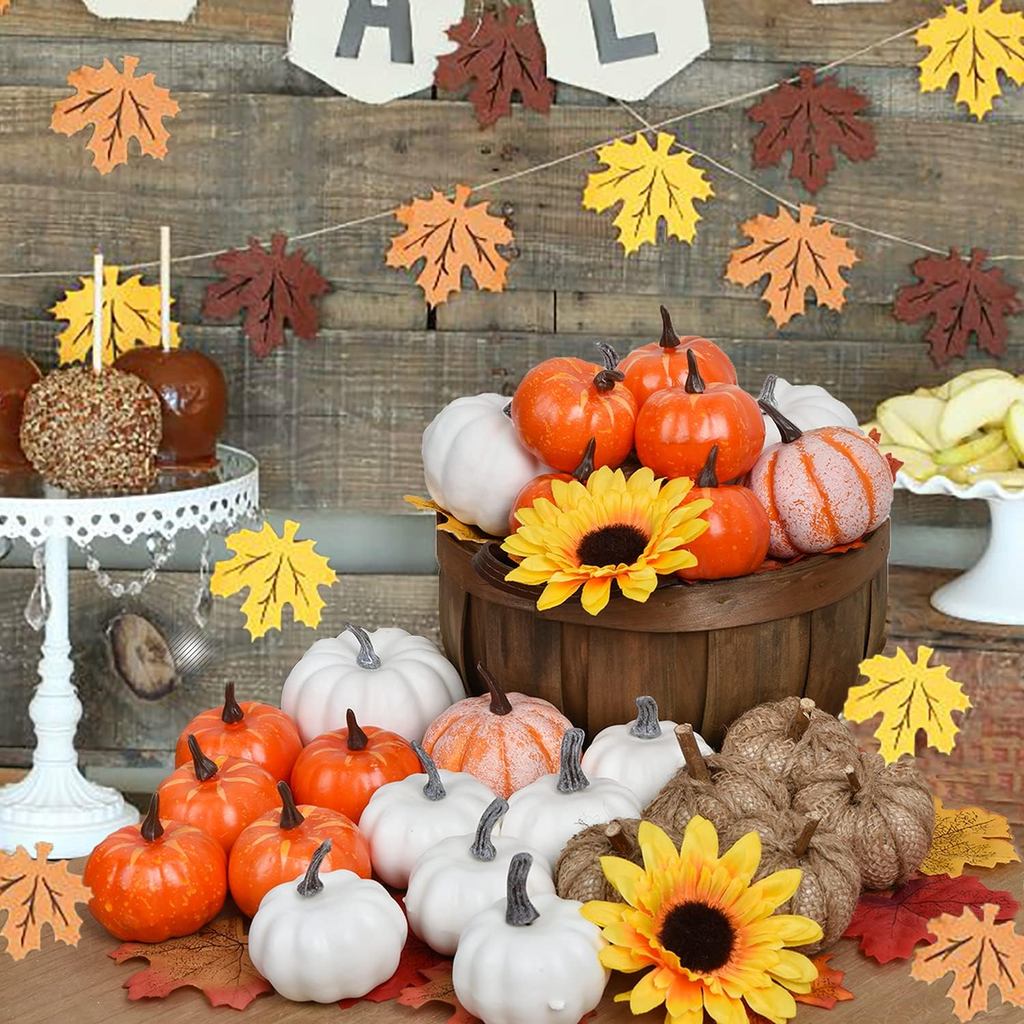 DearHouse 80Pcs Artificial Pumpkins Maple Harvest Fall Decoration, 30Pcs Fall Pumpkins and 50Pcs Map