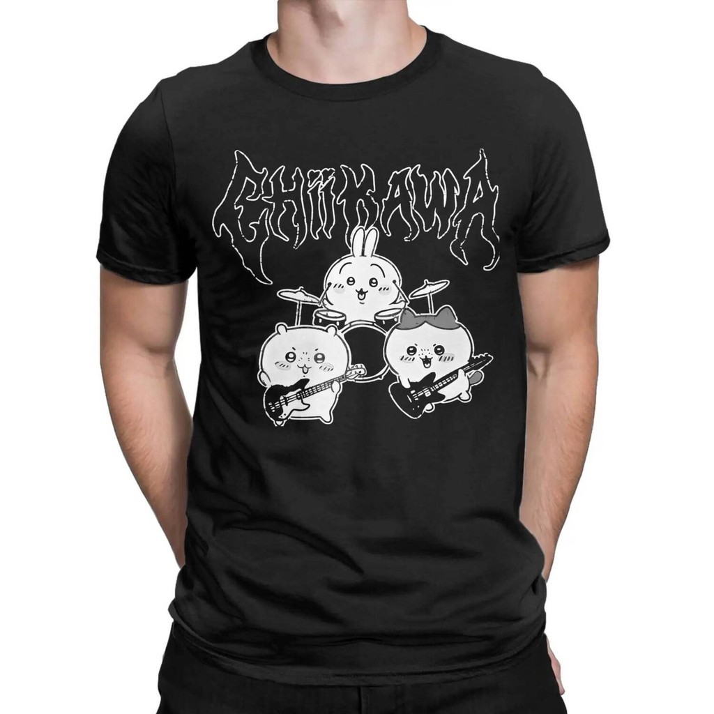 เสื้อยืด Chiikawa Usagi Hachiware สำหรับผู้ชาย - สไตล์เฮฟวีเมทัล พิมพ์ลายมีม ผ้าฝ้าย 100% คอกลมแขนสั้น