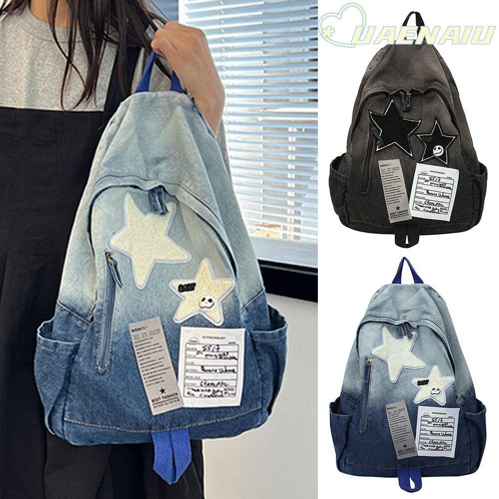 กระเป๋าเป้เด็กนักเรียนลายดาว สไตล์เดนิม ความจุใหญ่ (30 x 10 x 39 ซม.)