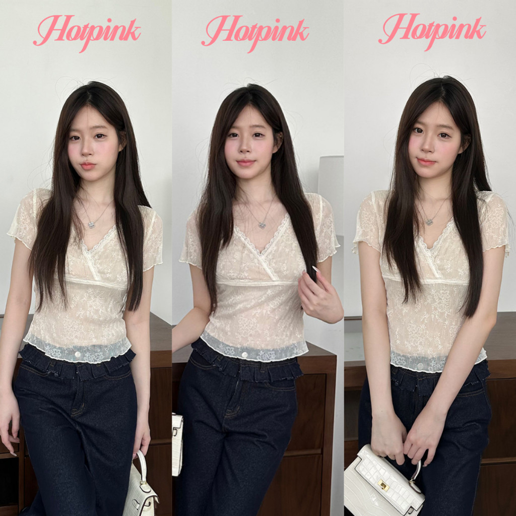 Hotpink ส่งจาก Bangkok🔥เสื้อเบลาส์ ลูกไม้ คอวี สำหรับผู้หญิง แขนสั้น ลูกไม้สีขาวโปร่งแสง สีเนื้อเสื้อกระชับสัดส่วน#1021