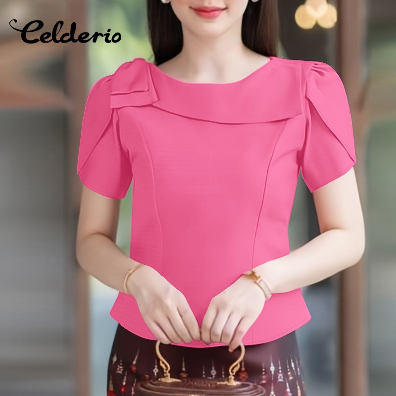 Celderio ผู้หญิงสไตล์เกาหลี Streetwear แฟชั่นคอเรือสั้นกลีบแขนเสื้อลําลอง Bowknot เสื้อ
