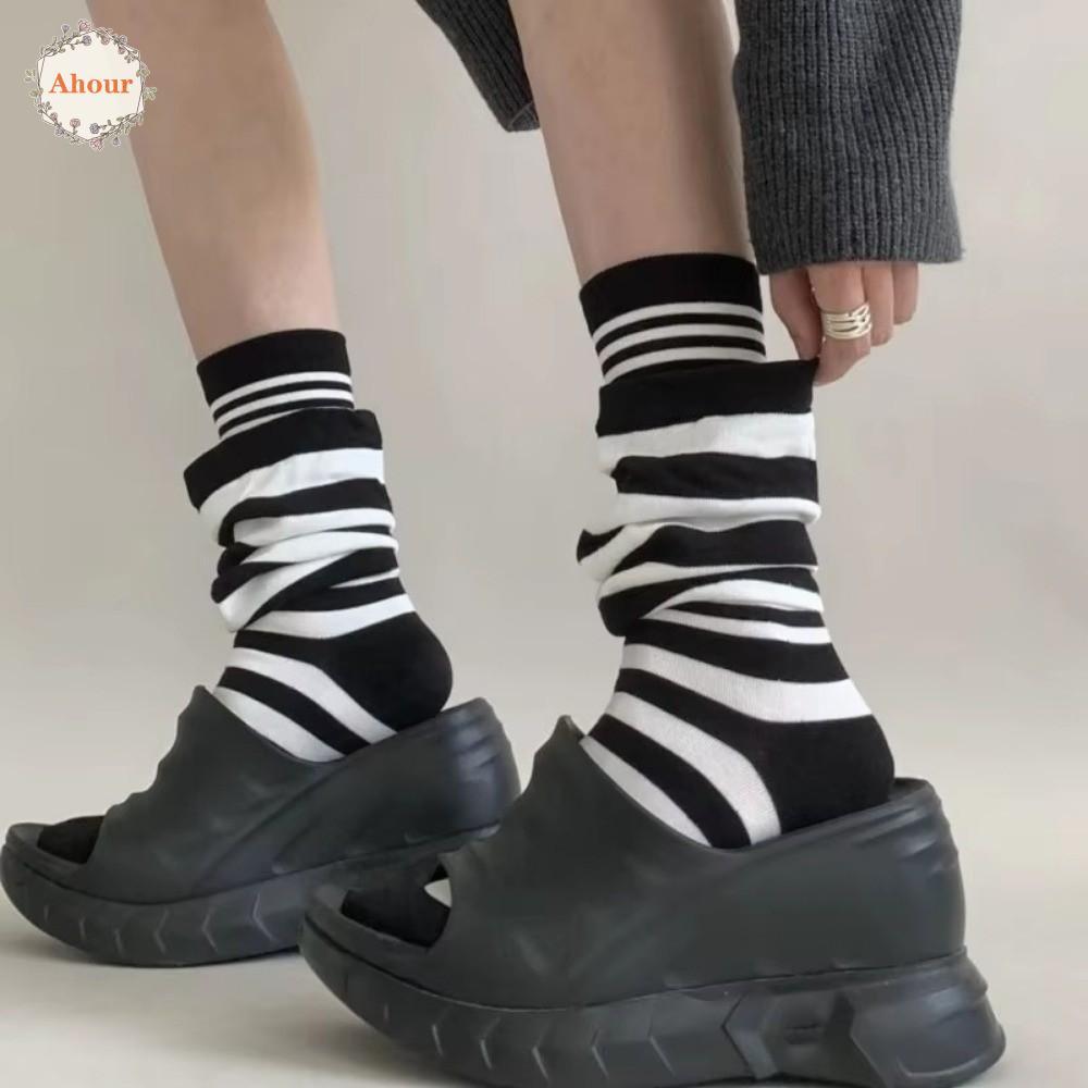 AHOUR 4 คู่ Ruffle Stripe Stocking, Warm Patchwork Striped Pile ถุงเท้า, Simple สบายหลวมยืดหยุ่นผู้ห