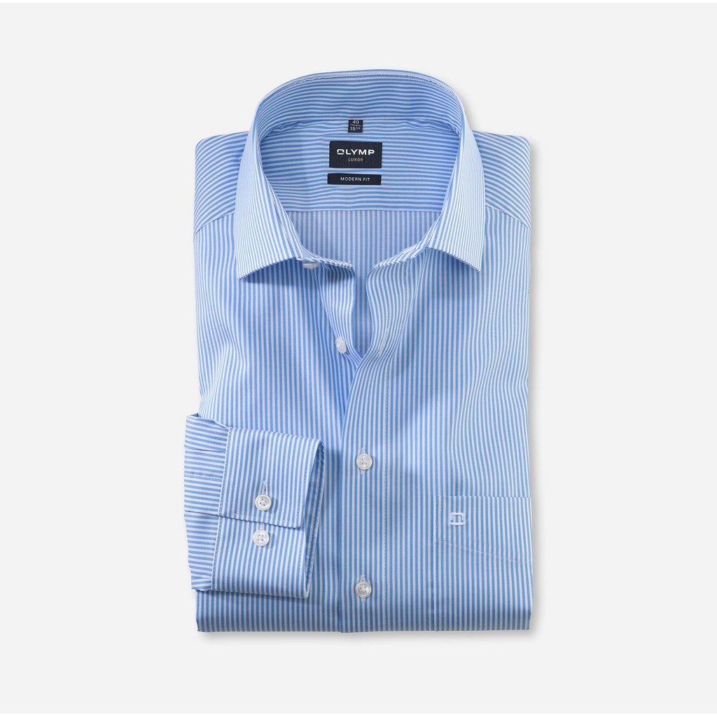 OLYMP LUXOR SHIRT เสื้อเชิ้ตผู้ชายแขนยาว ทรงหลวม สีฟ้าลายทาง ยืดหยุ่นได้ดี รีดง่าย ยับยาก (04S1BU) WINT25