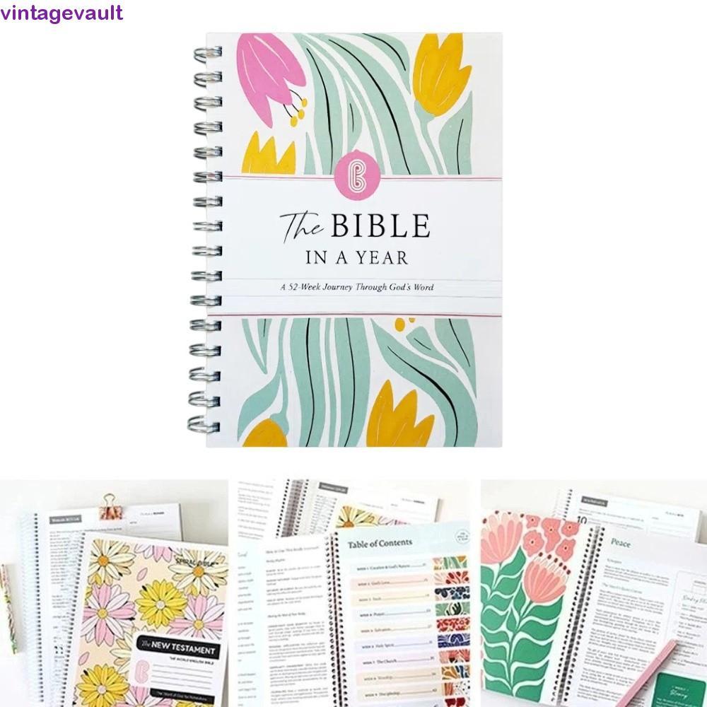 VINTAGEVAULT The Bible in A Year Notebook, กําหนดปีเกลียว Binding 52-Week Study Through Gods Word No