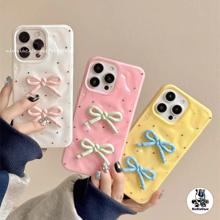 For iPhone 17 11 12 13 15 16 14 Plus Pro Max  XS Max XS X 7 8 Plus เคส ins Colorful Polka 3D DIY Dot Bow เคสไอโฟน13 Case - รูปที่ 5