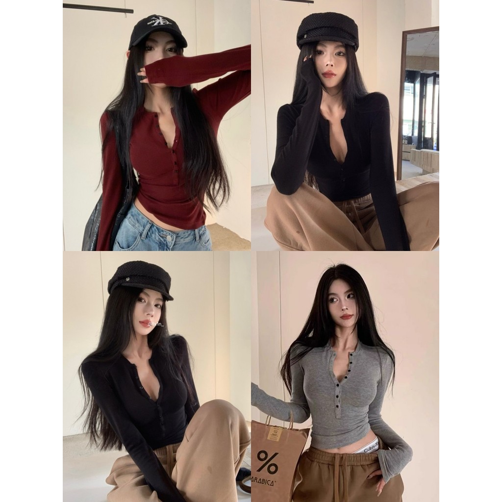 💜Bonnie💜เสื้อยืด สีพื้น กระดุมด้านหน้า ผ้านุ่มยืดพอดีตัว เข้ารูป เสื้อคอวีแขนยาว สไตล์เกาหลี เสื้อผ้าผู้หญิง