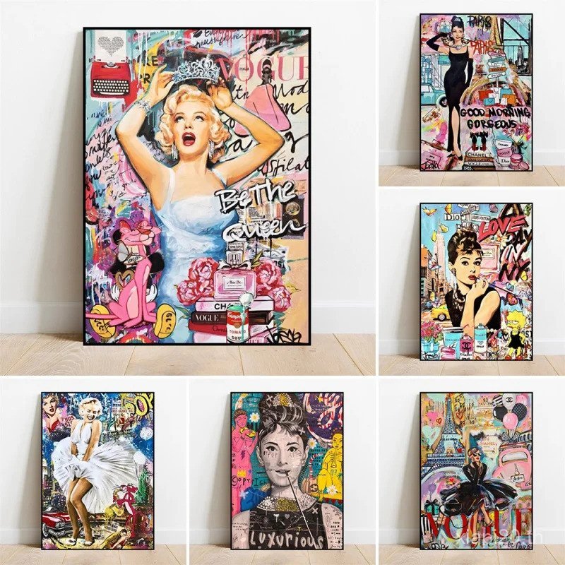 ยอดนิยม Street Graffiti Wall Art คลาสสิกเทพธิดา Monroe Hepburn หรูหราเสื้อผ้า HD น้ํามันบนผ้าใบโปสเต