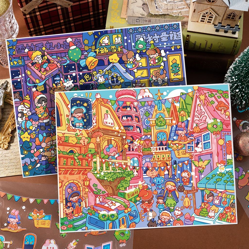 Junbei 13.0 Christmas Series สติกเกอร์ภูมิทัศน์รุ่นขนาดใหญ่ 3D สามมิตินมกลิ่นหอม Town ฉากขนาดเล็ก diy สติกเกอร์ของเล่น