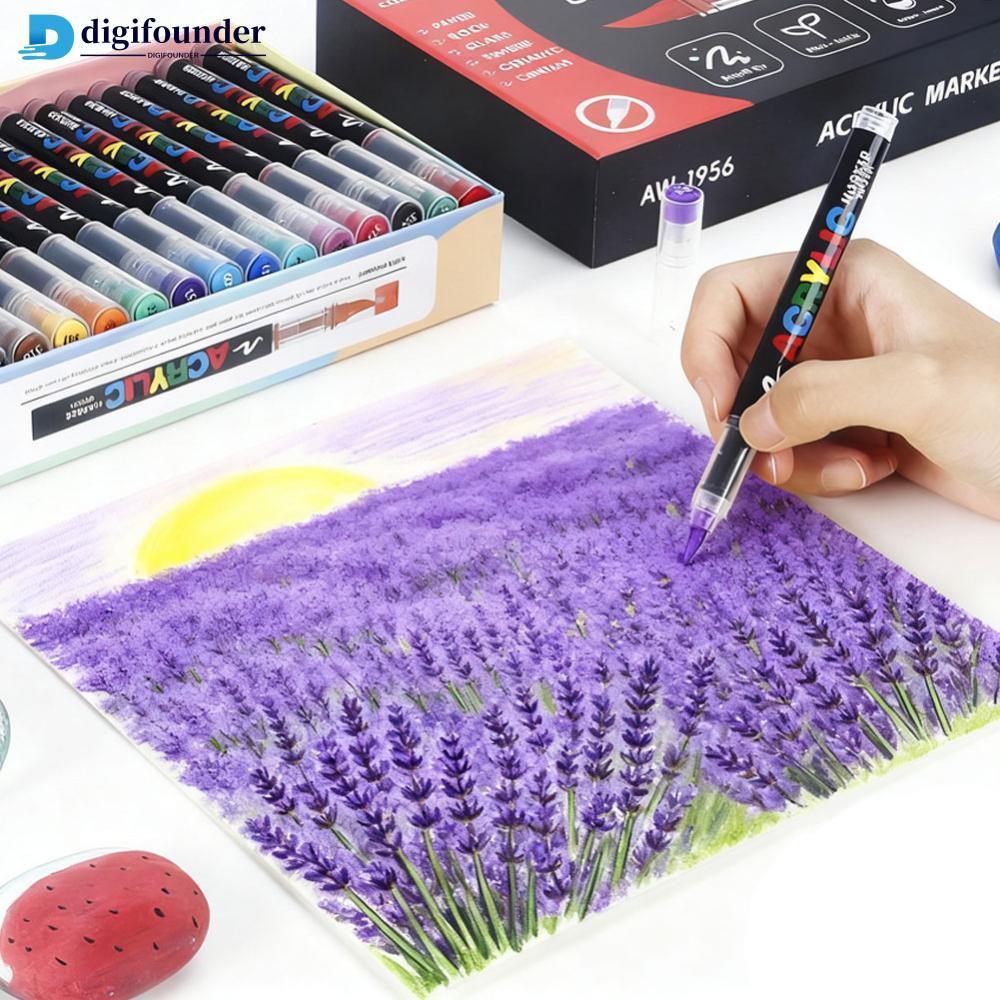 DIGIFOUNDER 12/24 สีอะคริลิคเครื่องหมายสีแปรงนุ่มเคล็ดลับปากกาสีสําหรับไม้หินผ้าใบแก้วผ้า Egg Rock ภ