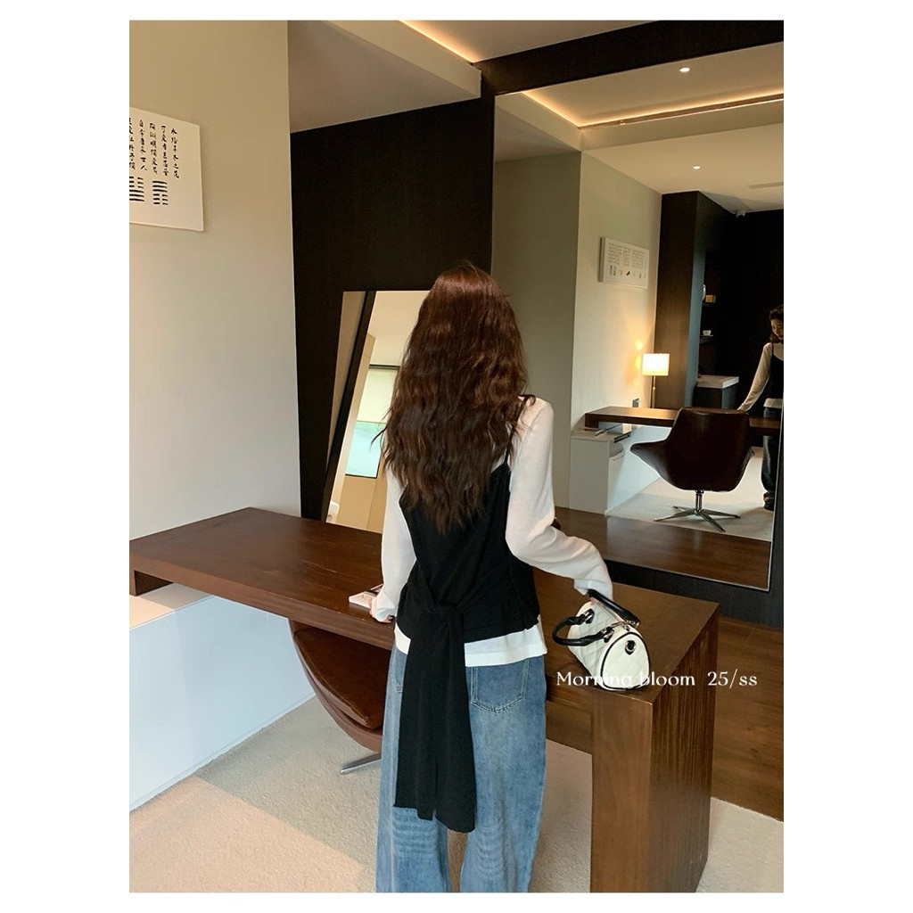 Cherry พร้อมส่ง☔️🧸เสื้อยืแขนยาวผู้หญิง เสื้อ2ชิ้นติดกับ ดีไซน์โปว์ผูกเอวเสื้อครอปทรงเข้ารูปสีดำคอกลม ลำลอง แฟชั่นผู้หญิ - รูปที่ 7