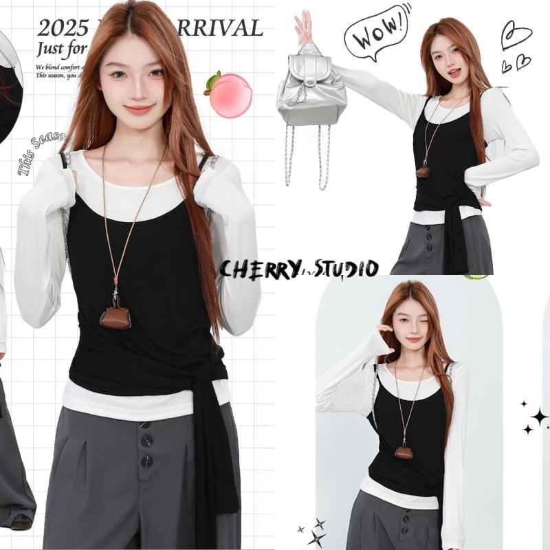 Cherry พร้อมส่ง☔️🧸เสื้อยืแขนยาวผู้หญิง เสื้อ2ชิ้นติดกับ ดีไซน์โปว์ผูกเอวเสื้อครอปทรงเข้ารูปสีดำคอกลม ลำลอง แฟชั่นผู้หญิ