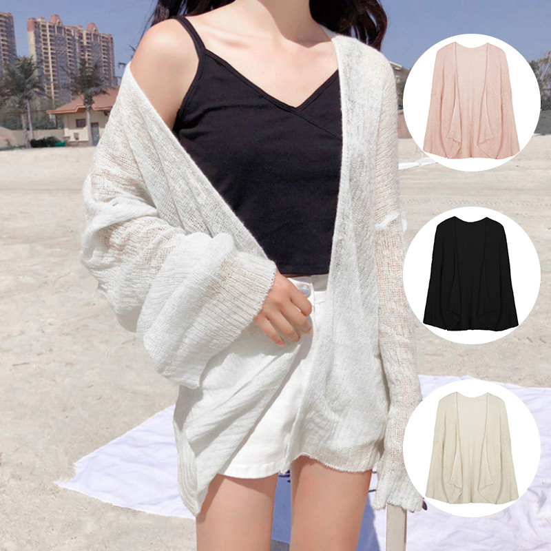 🌸ส่งไวจากไทย🌸 Loose Thin Summer Sun Protection Clothing Short Coat Long-sleeved Knitted Cardigan Shawl Women-PEN