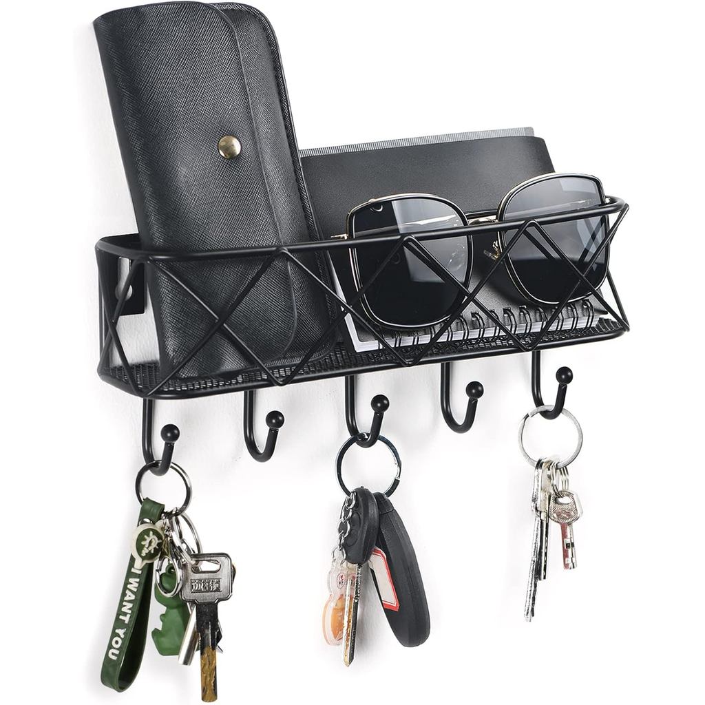 HappyHapi Key Holder สําหรับตกแต่งผนัง, Entryway Key Hooks, ชั้นวางกุญแจติดผนัง 5 ตะขอ, ตะกร้าตาข่าย