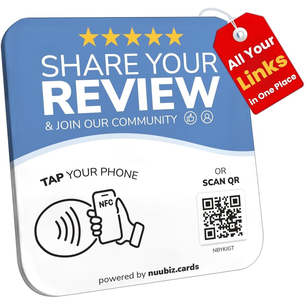 Review Tap Card & Social Media Sign แผ่น NFC พร้อม QR Code Display– Combines Review Us & Fow– All Yo