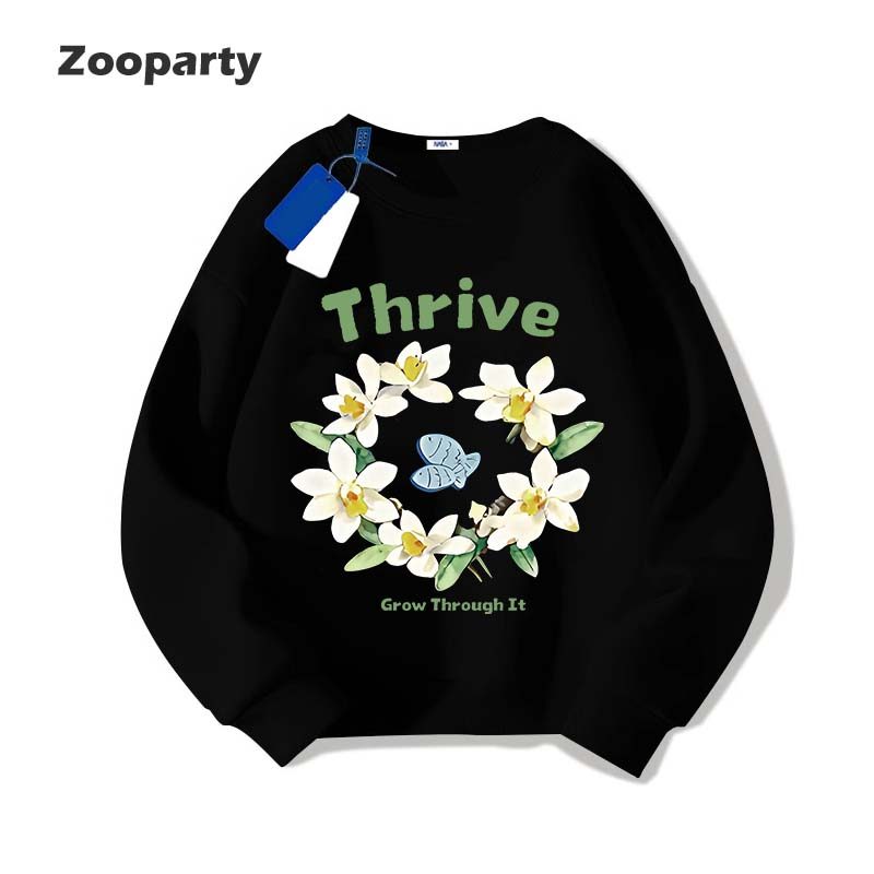 Sweatshirts สีดํา ดอกไม้จันทน์ หลวมและสะดวกสบาย สวมใส่สบาย สไตล์ลำลอง คอกลม เสื้อแขนยาว(ส่งเร็ว จัดส่งจากไทย)