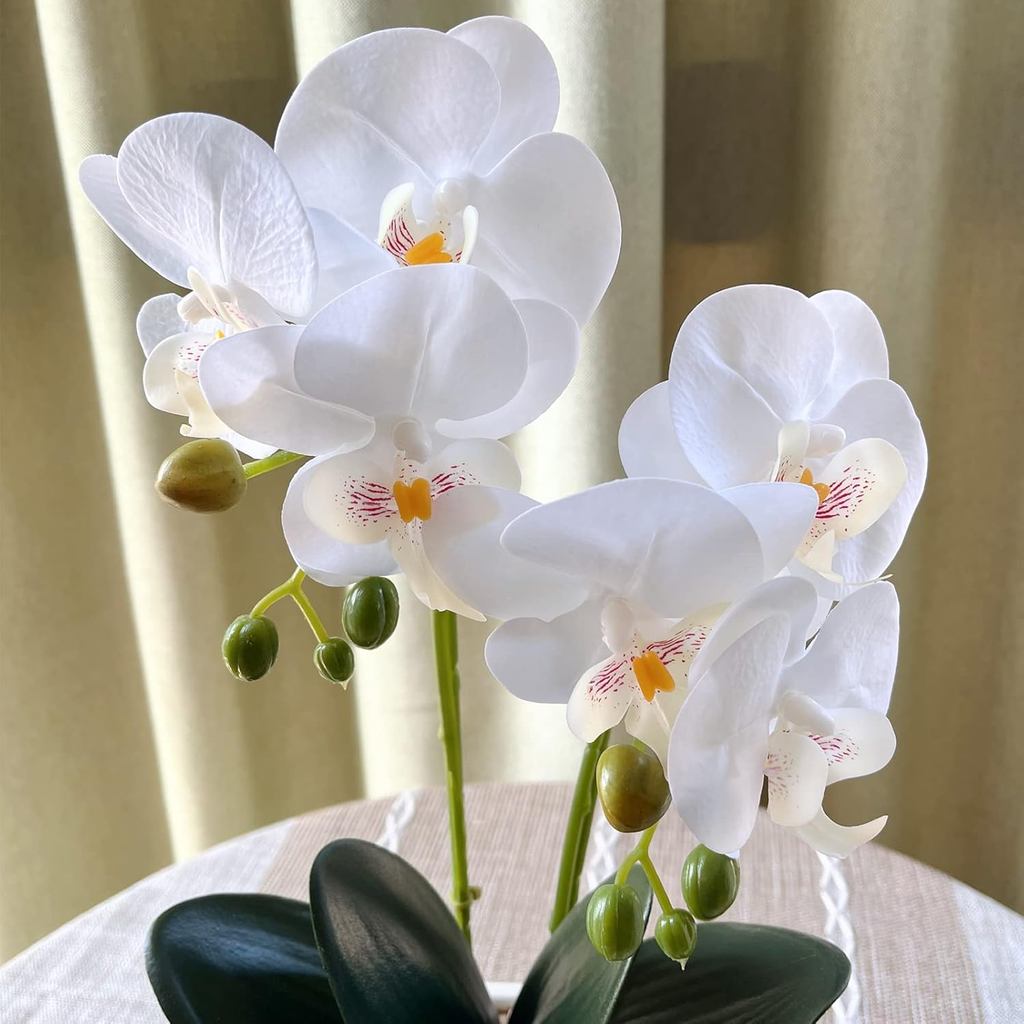 Artificial Orchids for Home Decor Indoor Silver Vase Orchids Artificial Flowers(White）