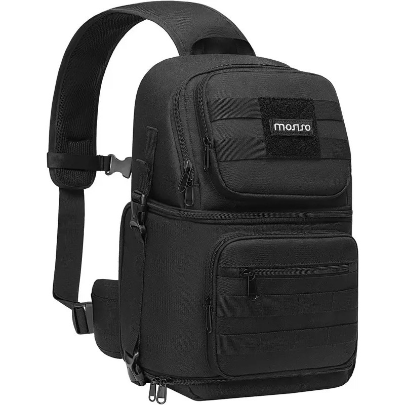 MOSISO DSLR/SLR/Mirrorless ยุทธวิธีกล้อง Crossbody กระเป๋าการถ่ายภาพ Slingpack พร้อมขาตั้งกล้องและช่