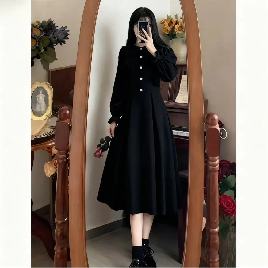 ✨ผู้หญิง ดํา วินเทจ สบายๆ ทํางาน ชุดเดรส แขนยาว แฟชั่น ใส่สบาย เดรสน่ารัก black dress ออกงาน✨