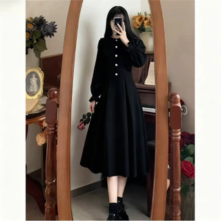 ✨ผู้หญิง ดํา วินเทจ สบายๆ ทํางาน ชุดเดรส แขนยาว แฟชั่น ใส่สบาย เดรสน่ารัก black dress ออกงาน✨