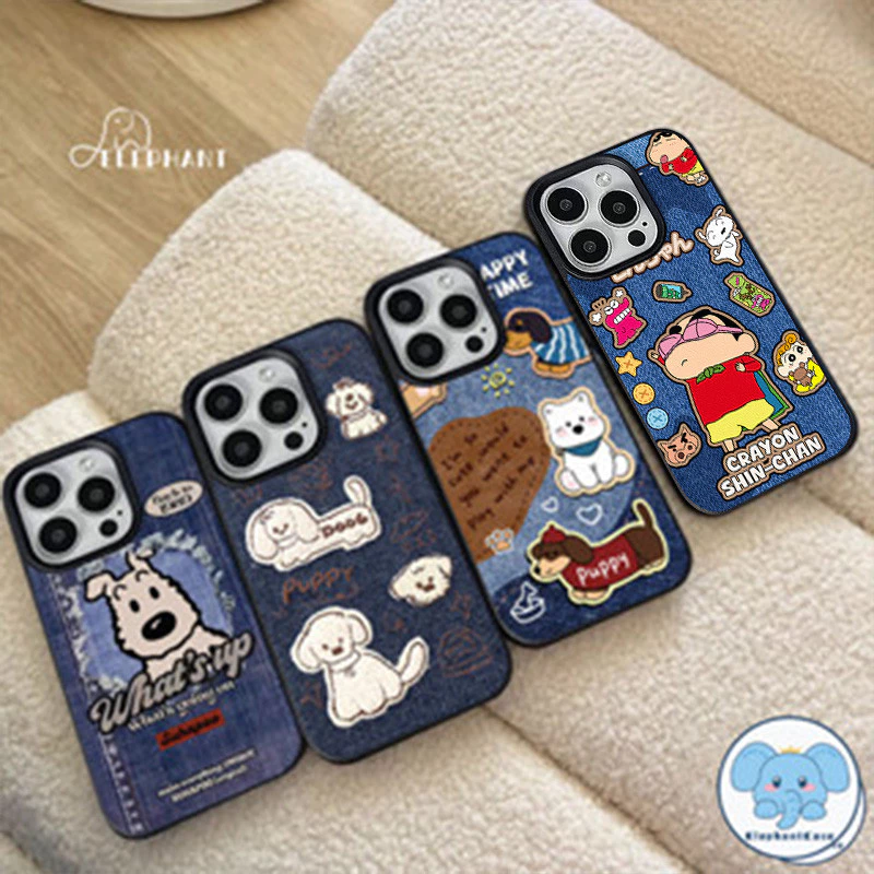 เคสหนังลายสุนัขคู่รักสุดเท่ ลายกระต่าย สีเทียนชินจังสำหรับ IPhone 17 AIR 16 11 13 15 12 14 Pro Max XR X 16 15 7 8 Plus
