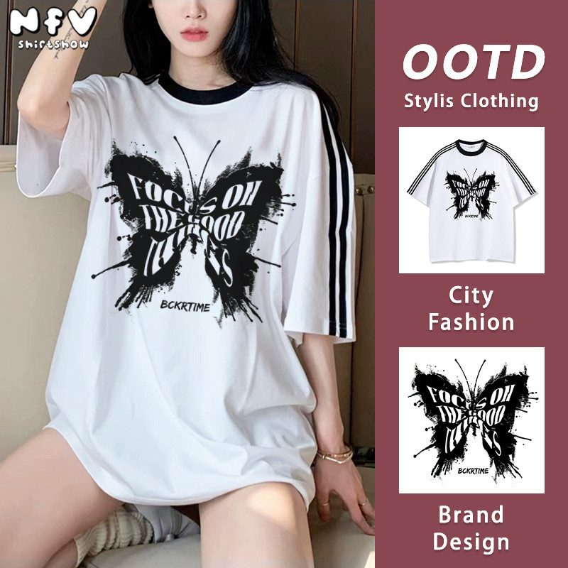 NFV เสื้อยืดแขนสั้นคอกลม🎀สไตล์เกาหลี ลายพิมพ์ผีเสื้อสีดำ ทรงหลวม ระบายอากาศ ผ้าฝ้าย YG2949