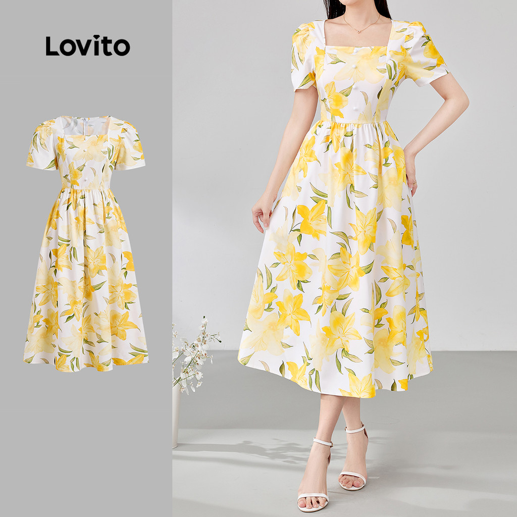 Lovito เดรสสีเหลืองแบบสบายๆ สำหรับฤดูใบไม้ผลิ/ฤดูร้อน พร้อมเปิดกระดุมและผ้าพัน L143AD687