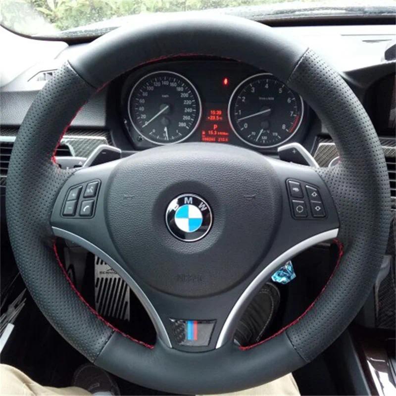 สําหรับ BMW M Sport M3 E90 E91 E92 E93 E87 E81 E82 E88 X1 E84 มือเย็บสีดําหนังแท้พวงมาลัยรถฝาครอบล้อ