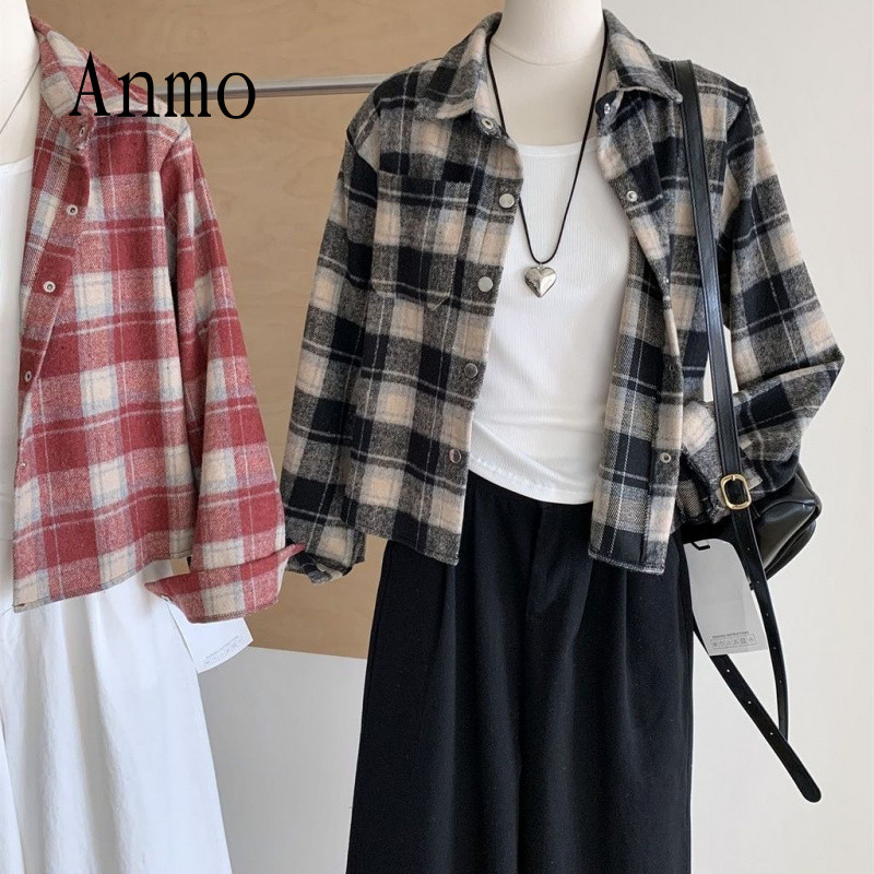 Anmo เสื้อเชิ้ตสตรีแขนยาวรุ่นสั้น ผ้าลายสก๊อตเนื้อนุ่ม หนาพิเศษ ใส่สบายหลวม ๆ เหมาะกับสาวตัวเล็ก A23