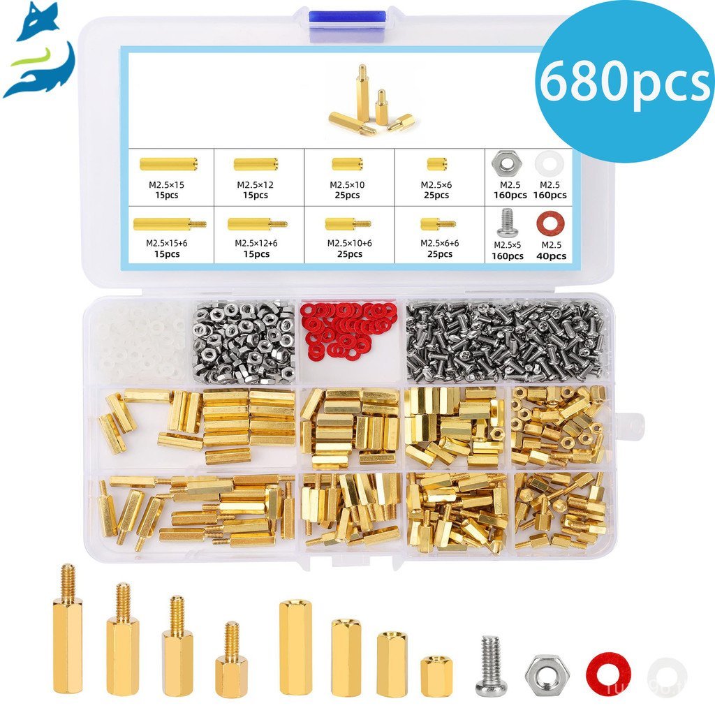 M2.5 คอลัมน์ทองแดง 680 ชิ้นแยกเมนบอร์ด Cross-Border Single Head Fixing คอลัมน์ Nut + สกรูหกเหลี่ยมด้