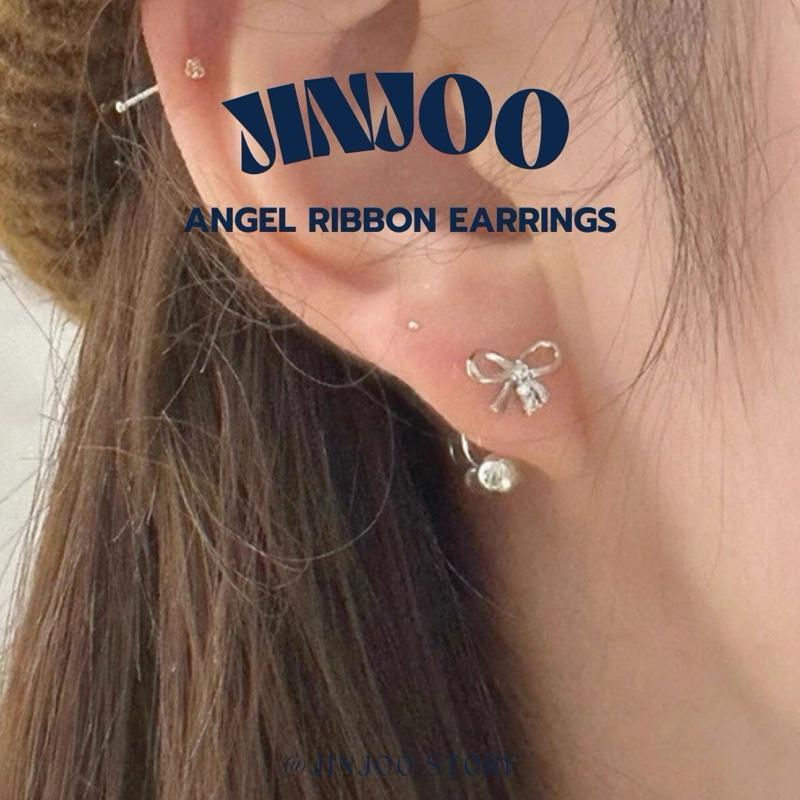 Jinjoo จิวต่างหูโบว์ รุ่น Angel Ribbon จิวโค้ง จิวเงิu ก้านหนา 0.8 mm.(ราคาต่อคู่)