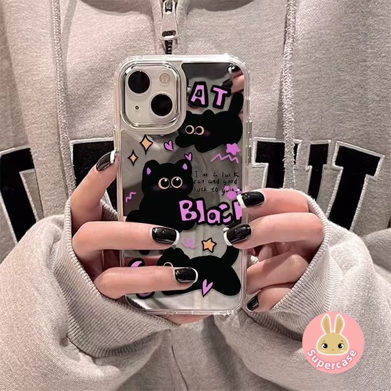 น่ารักแมวดํากระจกเคสโทรศัพท์สําหรับVivo Y400 Pro Y300 Plus Y300i Y300T Y200 GT Y200i Y200E Y100 Y19S